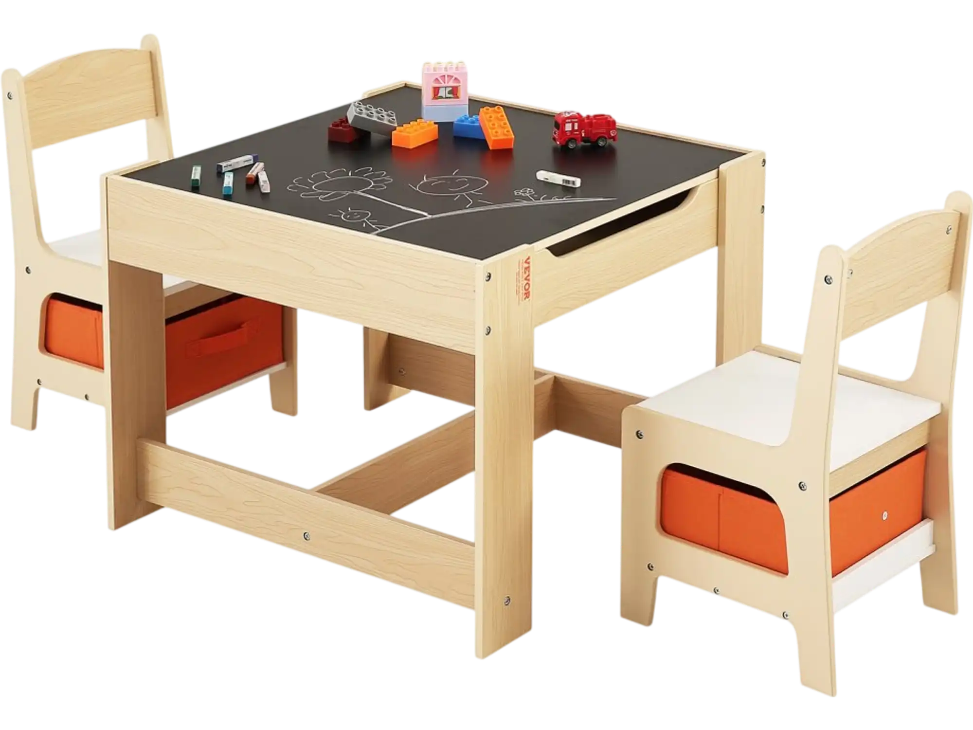 Vevor Kids Table and Chair Set Double-Sided Chalkboard Table with 2 Chairs Burlywood New