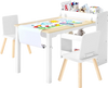 VEVOR Kids Art Table and Chair Set, Toddler Craft Table with 3 Tiers Storage Cabinet, Wooden Kids Activity Play Desk with 2 Chairs, Art Craft Play Desk for Reading, Learning, Drawing, Writing, White
