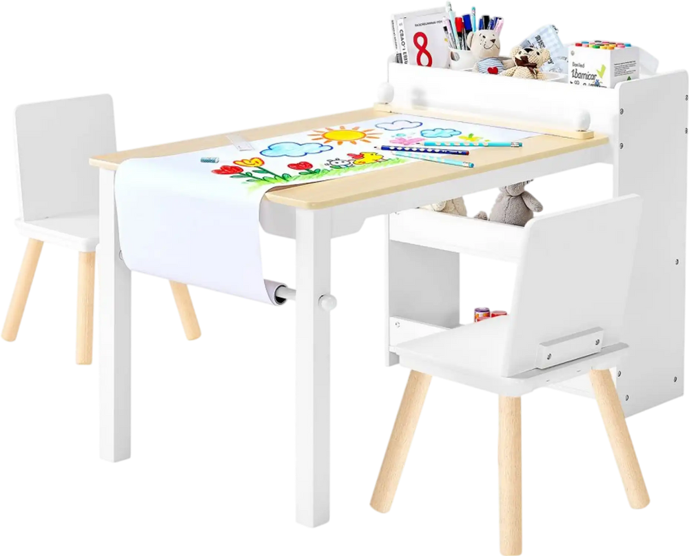 VEVOR Kids Art Table and Chair Set, Toddler Craft Table with 3 Tiers Storage Cabinet, Wooden Kids Activity Play Desk with 2 Chairs, Art Craft Play Desk for Reading, Learning, Drawing, Writing, White