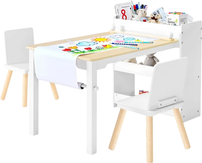 Vevor Kids Art Table and Chair Set with 3-Tier Storage Cabinet White New