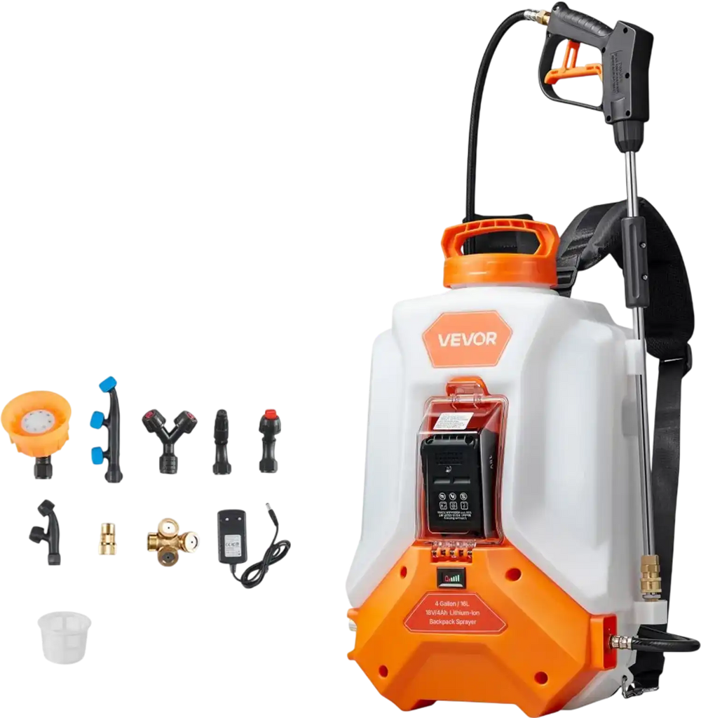 VEVOR Battery Powered Backpack Sprayer, 4 Gallons Electric Backpack Sprayer, 2 Wands & 8 Nozzles, Adjustable 0-90 PSI, 4H Runtime, Portable Yard Garden Lawn Sprayers for Weeding Spraying Cleaning