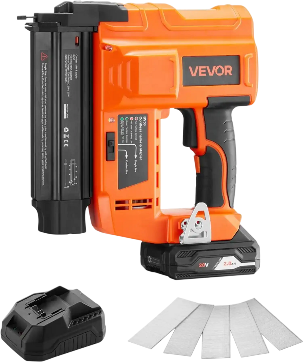 VEVOR Cordless Brad Nailer, 18 Gauge, 20V Battery Powered Nail Gun, with 500 pcs Nails, 2.0 Ah Li-ion Battery and Charger, Adjustable Nailing Depth, for Home Improvement, Woodworking, DIY Project