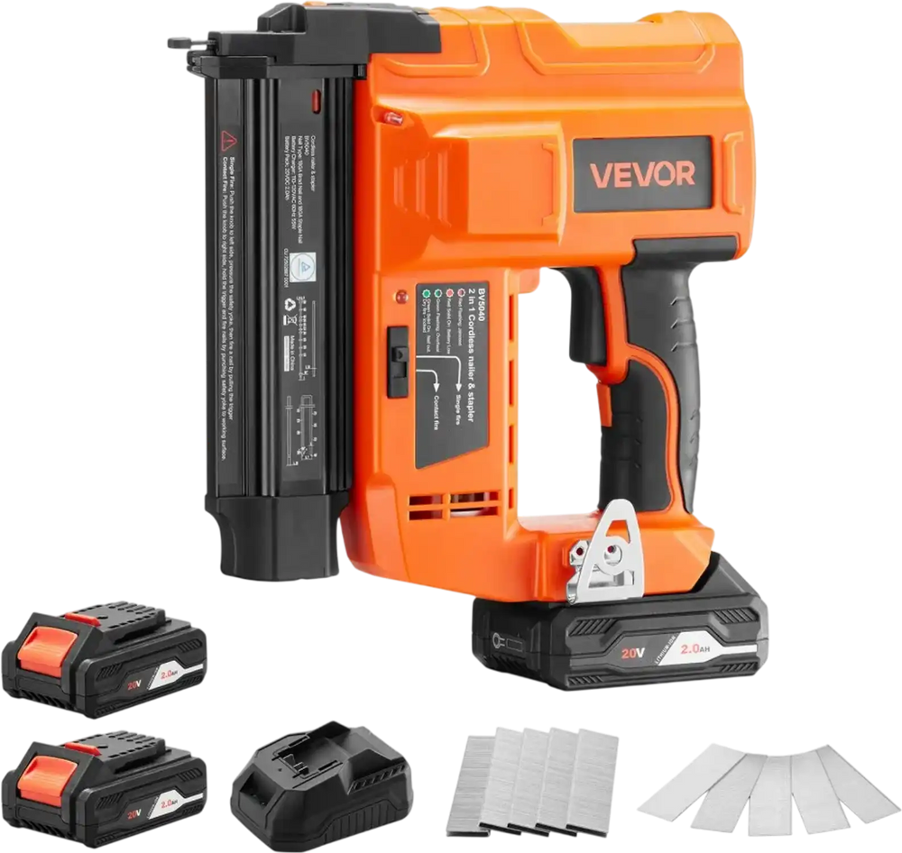 VEVOR 2-in-1 Cordless Brad Nailer, 18 Gauge, 20V Battery Powered Nail Gun and Staple Gun, with 500 pcs Nails, 500 pcs Staples, 2 x 2.0 Ah Li-ion Batteries, Charger, for Home Improvement, Woodworking