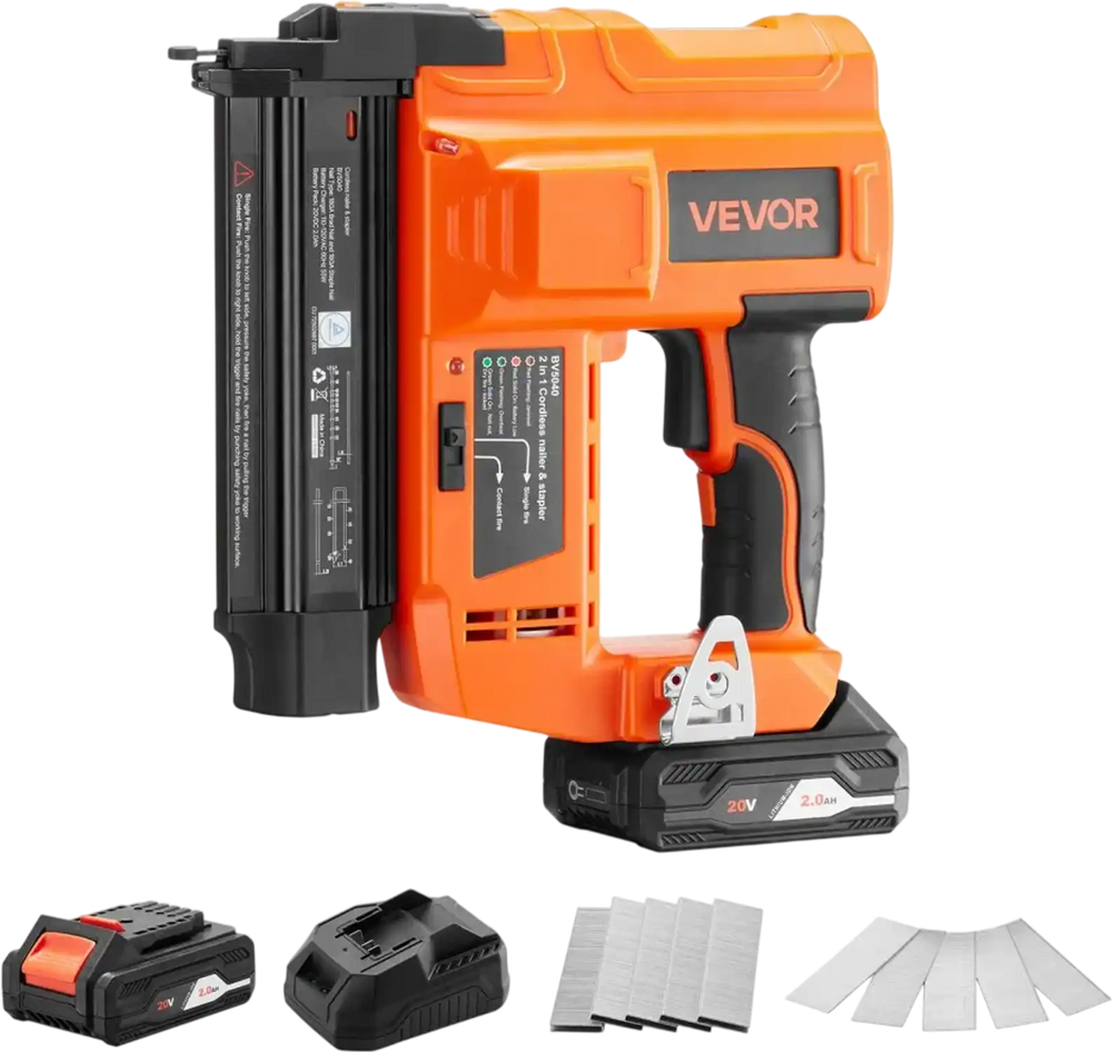 VEVOR 2-in-1 Cordless Brad Nailer, 18 Gauge, 20V Battery Powered Nail Gun and Staple Gun, with 500 pcs Nails, 500 pcs Staples, 2.0 Ah Li-ion Battery and Charger, for Home Improvement, Woodworking