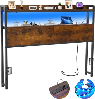 VEVOR Headboard for Full Size Bed, with 2 Storage Shelves, LED Light, 3 Outlets, and 3 USB Ports, Sturdy and Stable Carbon Steel Frame Head Board with Charging Station, Adjustable Height, Black