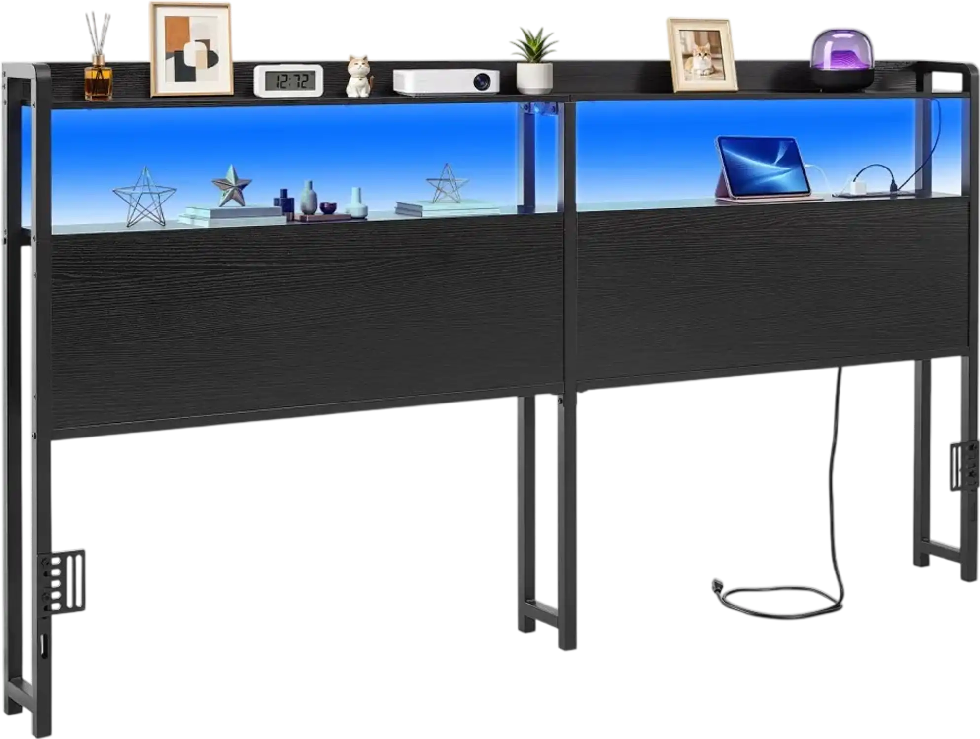 Vevor Headboard King Size Bed Headboard with LED Light, Storage Shelves, Charging Station, Adjustable Height, Black New