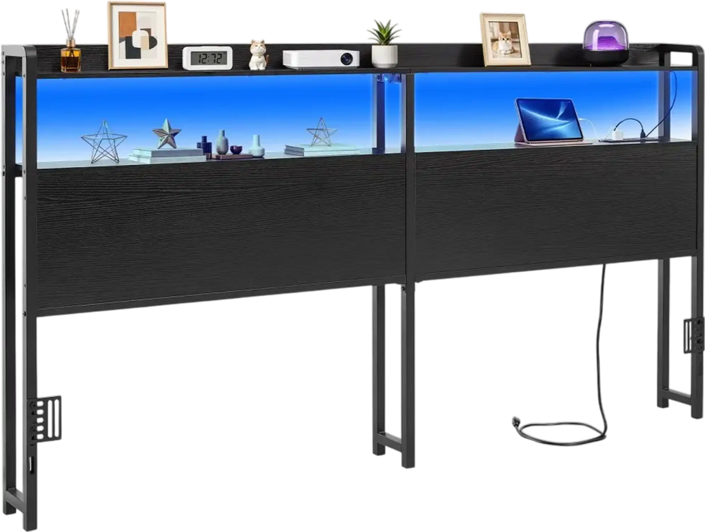 VEVOR Headboard for King Size Bed, with 2 Storage Shelves, LED Light, 3 Outlets, and 3 USB Ports, Sturdy and Stable Carbon Steel Frame Head Board with Charging Station, Adjustable Height, Black