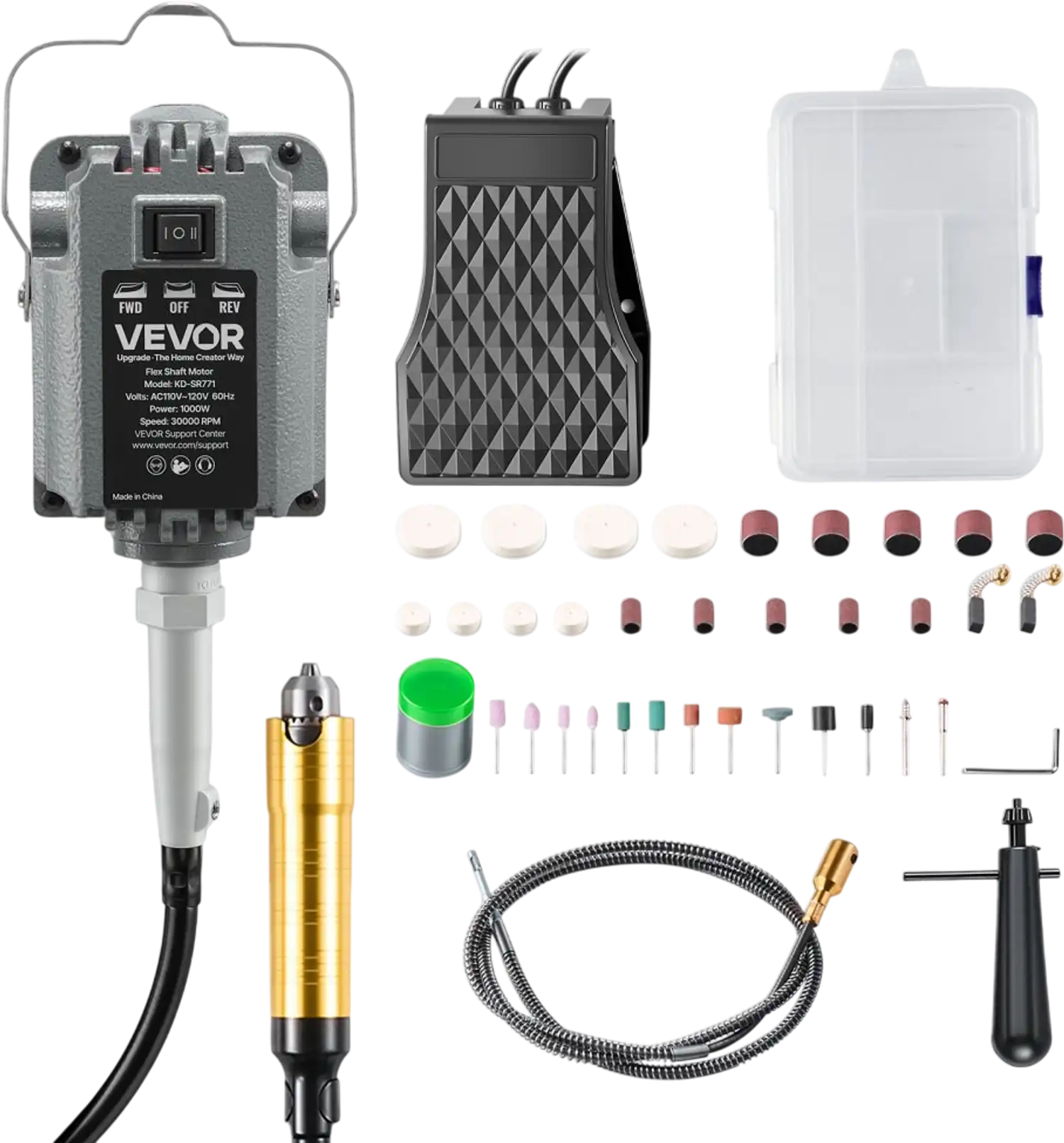 Vevor Flex Shaft Grinder 1000W 30000RPM Rotary Tool with Foot Pedal & 74-Pc Accessory Kit New
