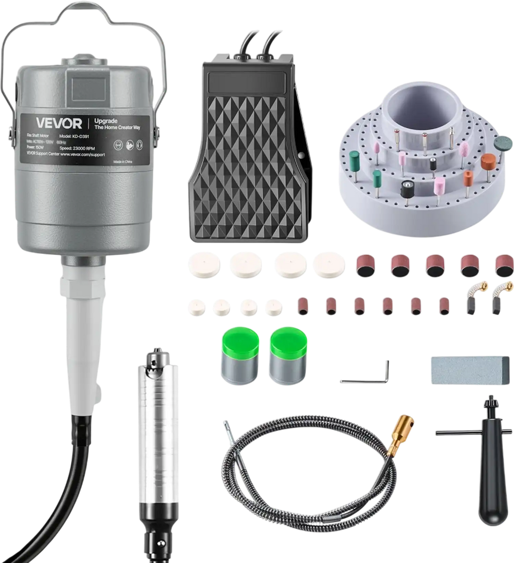 VEVOR Flex Shaft Grinder, 150W 23000RPM Electric Flex Shaft Rotary Tool, Foot-Pedal Control Hanging Carver Grinder with 112PCS Accessory Kit for Sanding Buffing Polishing Cutting