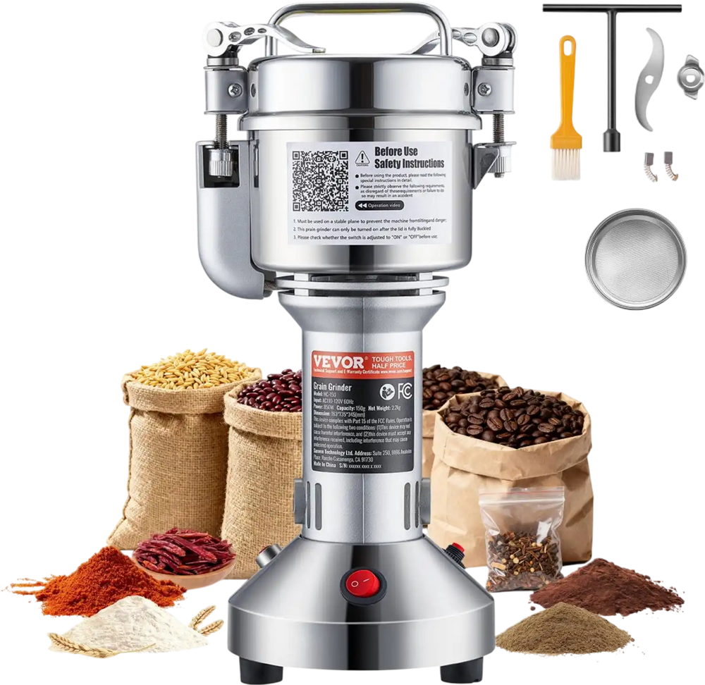 VEVOR 150g Electric Grain Mill Grinder, High Speed 850W Commercial Spice Grinders, Stainless Steel Pulverizer Powder Machine, for Dry Grains Spices Cereals Coffee Corn Pepper, Straight Type