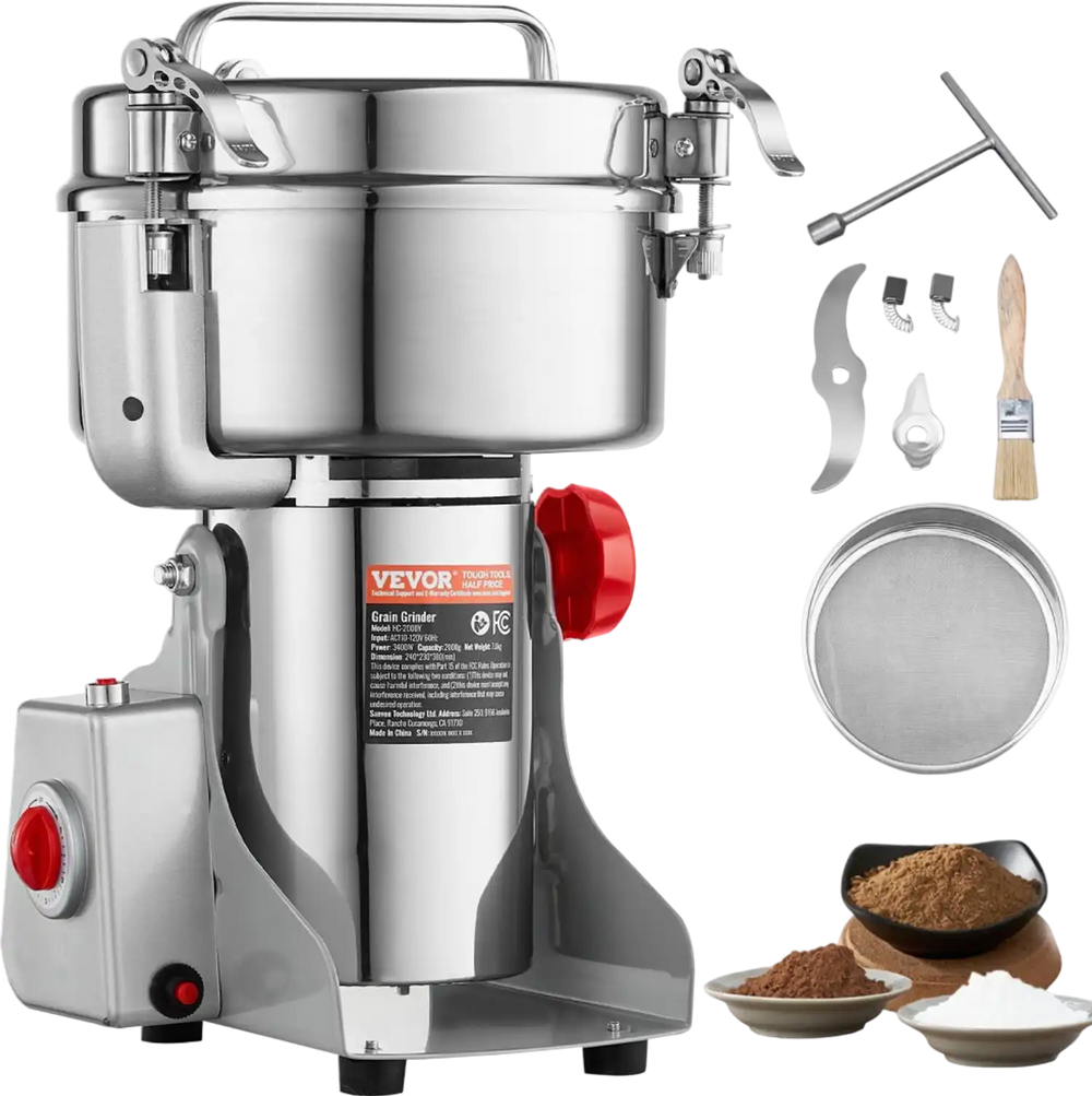 VEVOR 2000g Electric Grain Mill Grinder, High Speed 3400W Commercial Spice Grinders, Stainless Steel Pulverizer Powder Machine, for Dry Grains Spices Cereals Coffee Corn Pepper, Swing Type