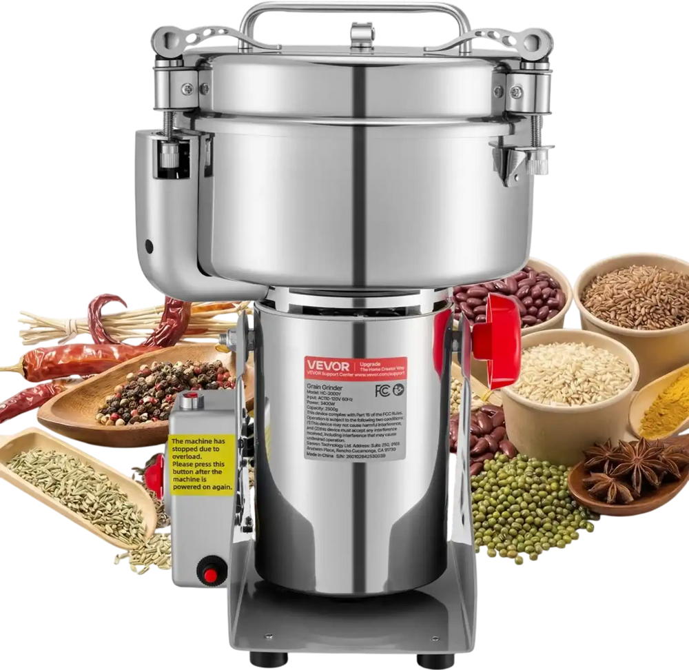 VEVOR 2000g Electric Grain Mill Grinder, 3400W 32000RPM High Speed Spice Corn Dry Grinding Machine, Stainless Steel Pulverizer Powder Machine for Dried Grains Coffee Beans Spices Nuts (270° Swing Type)