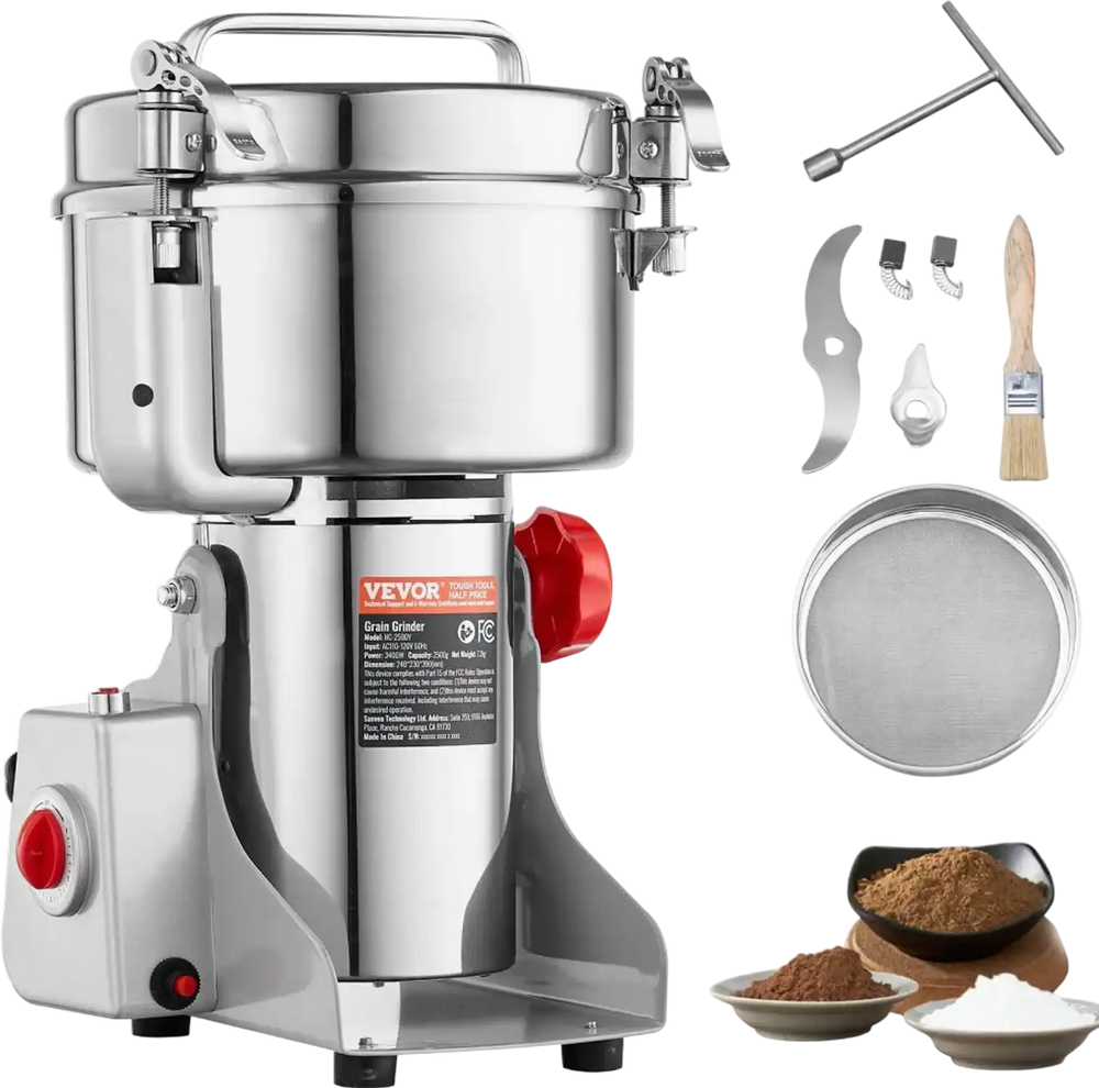 VEVOR 2500g Electric Grain Mill Grinder, High Speed 3400W Commercial Spice Grinders, Stainless Steel Pulverizer Powder Machine, for Dry Grains Spices Cereals Coffee Corn Pepper, Swing Type