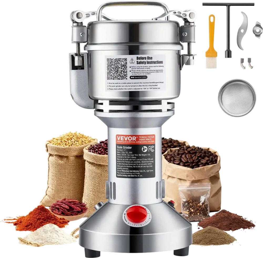 VEVOR 300g Electric Grain Mill Grinder, High Speed 1500W Commercial Spice Grinders, Stainless Steel Pulverizer Powder Machine, for Dry Grains Spices Cereals Coffee Corn Pepper, Straight Type
