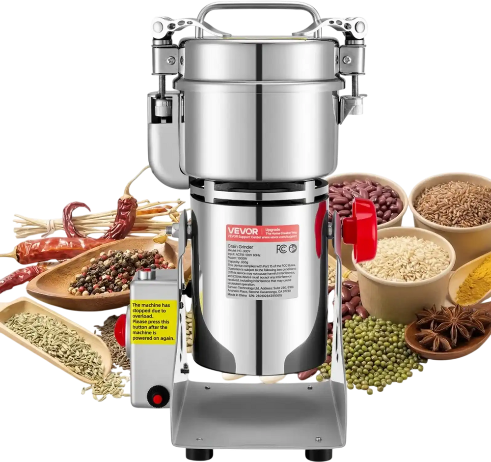 VEVOR 300g Electric Grain Mill Grinder, 1500W 28000RPM High Speed Spice Corn Dry Grinding Machine, Stainless Steel Pulverizer Powder Machine for Dried Grains Coffee Beans Spices Nuts (270° Swing Type)