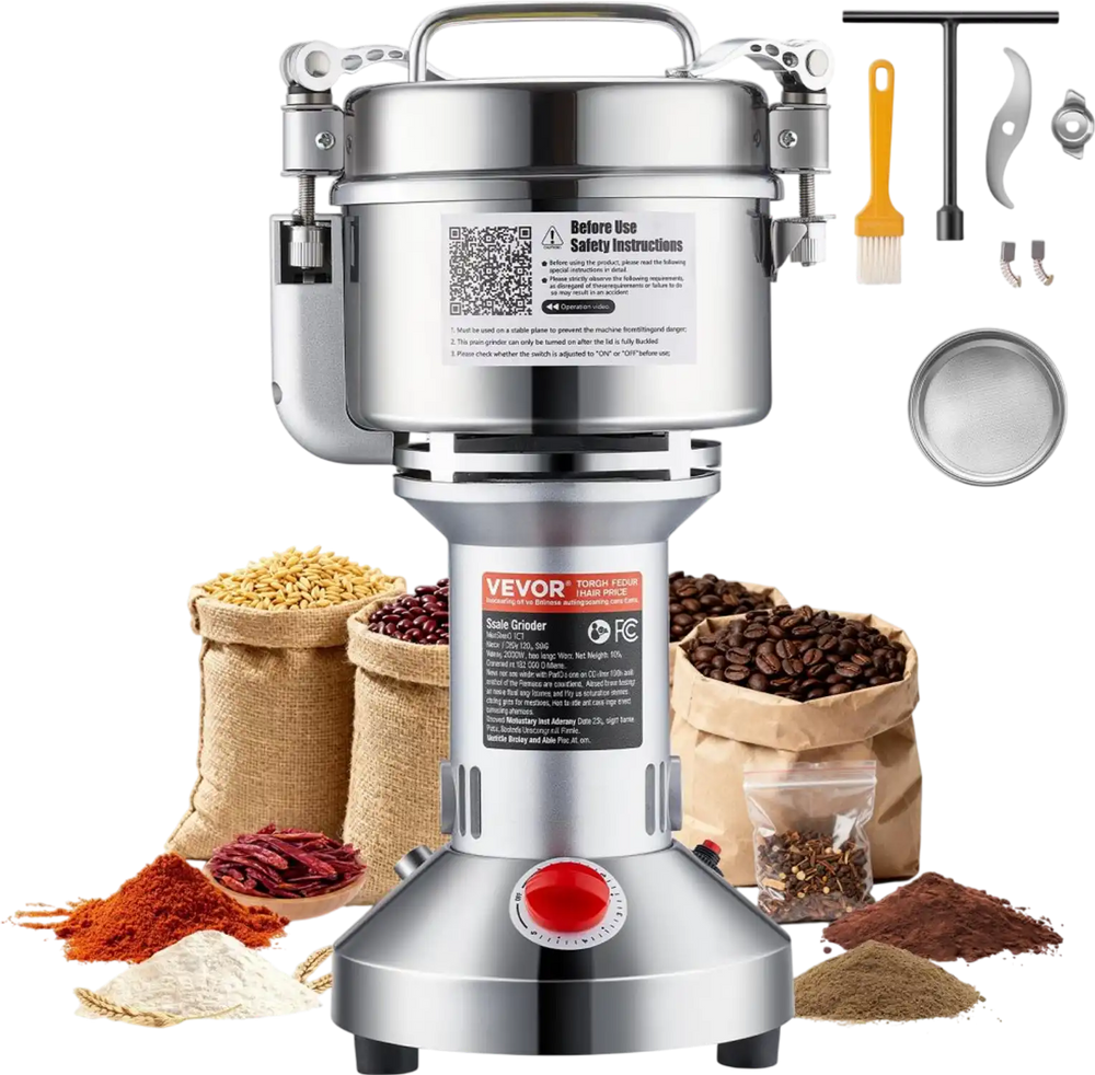 VEVOR 550g Electric Grain Mill Grinder, High Speed 2000W Commercial Spice Grinders, Stainless Steel Pulverizer Powder Machine, for Dry Grains Spices Cereals Coffee Corn Pepper, Straight Type