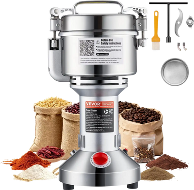 VEVOR 550g Electric Grain Mill Grinder, High Speed 2000W Commercial Spice Grinders, Stainless Steel Pulverizer Powder Machine, for Dry Grains Spices Cereals Coffee Corn Pepper, Straight Type