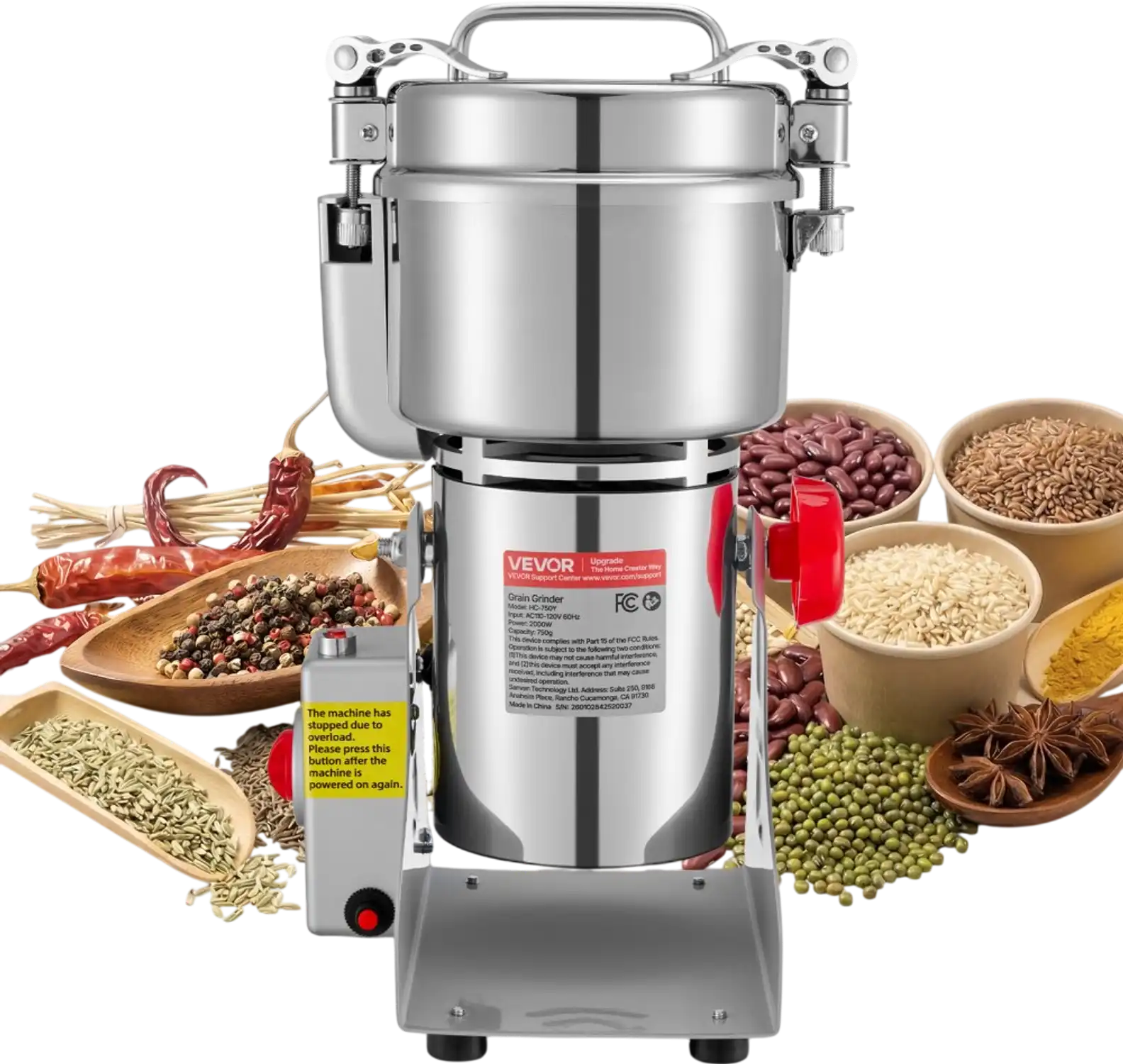 Vevor Electric Grain Grinder 750g 2000W Swing Type Stainless Steel Dry Grinding Machine New