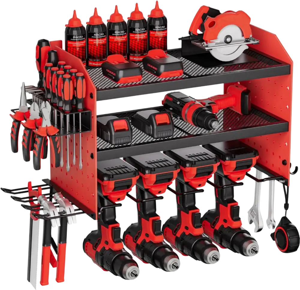 VEVOR Power Tool Organizer Wall Mount, 3-Layer Storage Rack with 4 Drill Holders, Tools Holder and Storage Rack with Side Pegboards, Garage Tool Organizer for Garage, Workbench, and Workshop