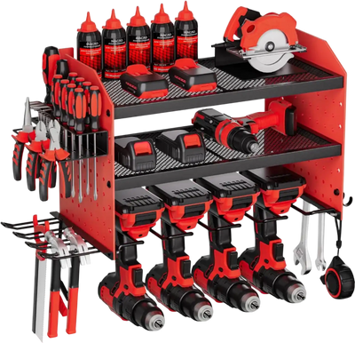 VEVOR Power Tool Organizer Wall Mount, 3-Layer Storage Rack with 4 Drill Holders, Tools Holder and Storage Rack with Side Pegboards, Garage Tool Organizer for Garage, Workbench, and Workshop