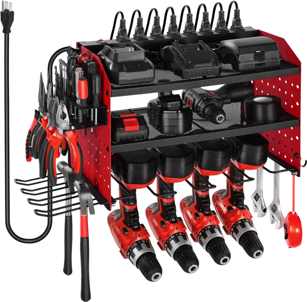 VEVOR Power Tool Organizer with Charging Station, 3-Layer Drill Storage Rack with 4 Drill Holders & Side Pegboard, Garage Tool Organizer Built in 8 Outlet Power Strips for Garage, Workbench, Workshop