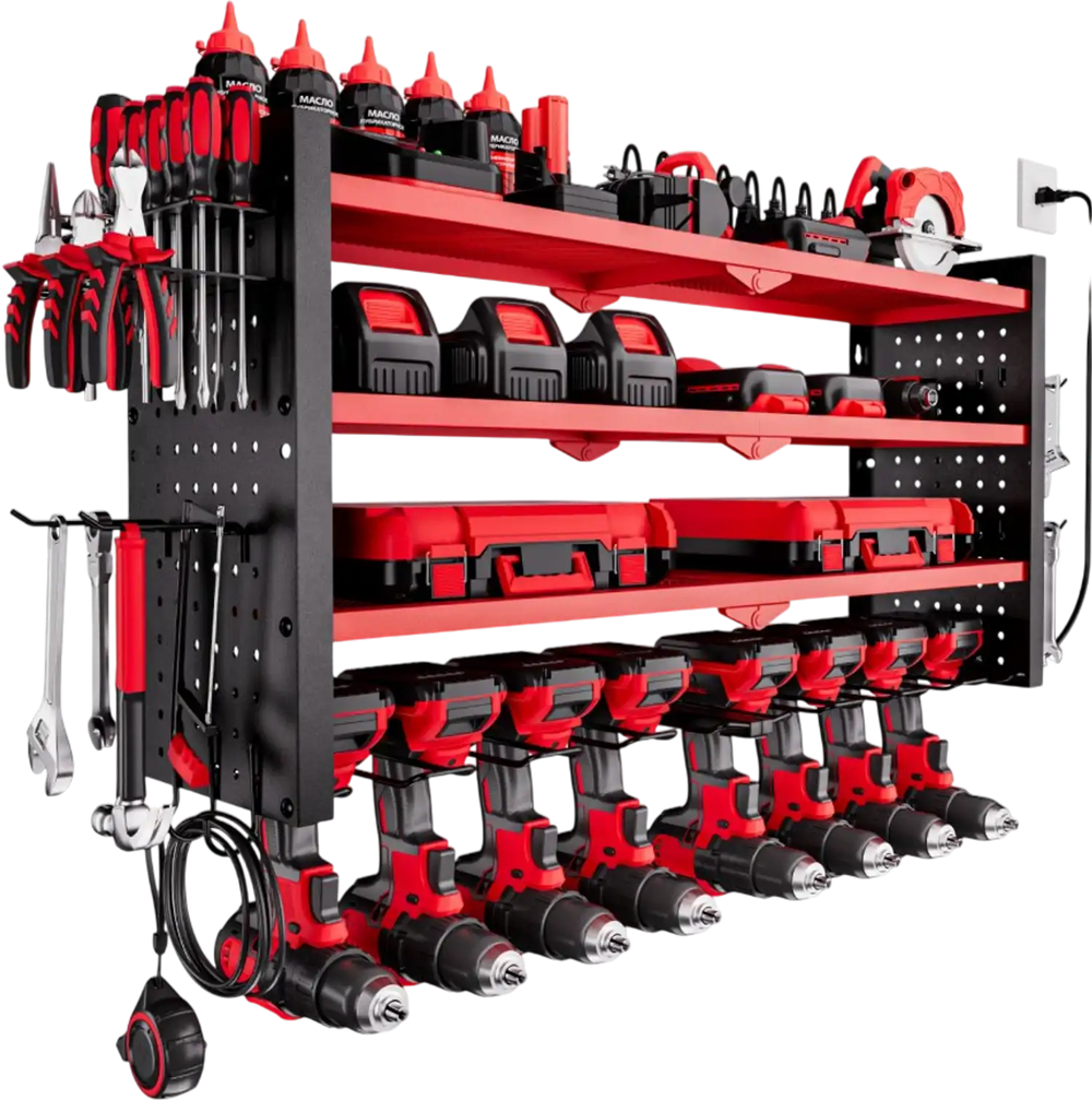 VEVOR Power Tool Organizer with Charging Station, 4-Layer Drill Storage Rack with 8 Drill Holders & Side Pegboard, Garage Tool Organizer Built in 8 Outlet Power Strips for Garage, Workbench, Workshop
