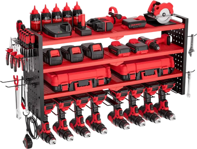 VEVOR Power Tool Organizer Wall Mount, 4-Layer Storage Rack with 8 Drill Holders, Tools Holder and Storage Rack with Side Pegboards, Garage Tool Organizer for Garage, Workbench, and Workshop
