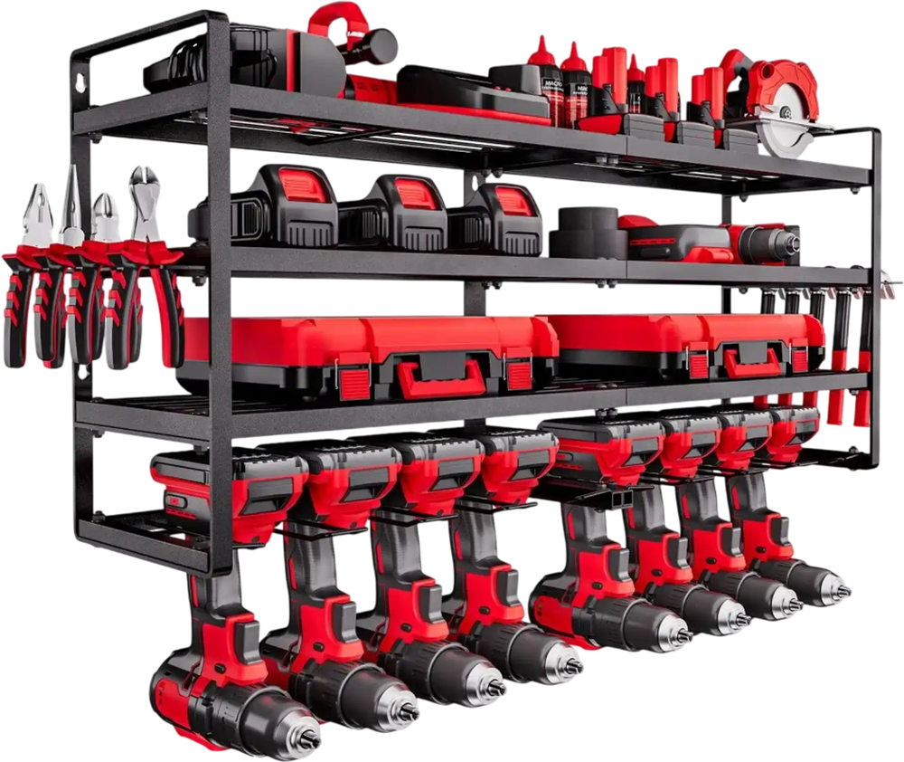 VEVOR Power Tool Organizer Wall Mount, 4-Layer Storage Rack with 8 Drill Holders, Tools Holder and Storage Rack with Screwdriver Holder, Garage Tool Organizer for Garage, Workbench, and Workshop