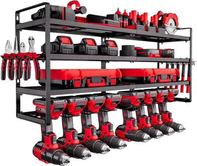 VEVOR Power Tool Organizer Wall Mount, 4-Layer Storage Rack with 8 Drill Holders, Tools Holder and Storage Rack with Screwdriver Holder, Garage Tool Organizer for Garage, Workbench, and Workshop