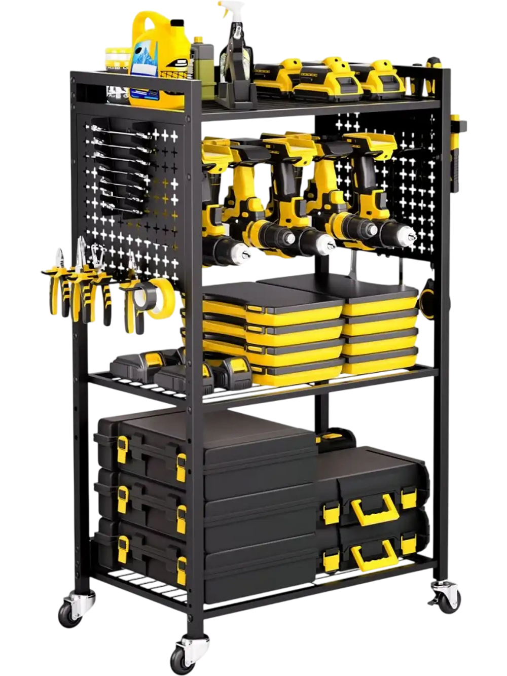 VEVOR 4-tier Tool Organizer Cart, 150 lbs Load Capacity, Floor Stand Rolling Drill Holder and Stability Storage Rack, Heavy Duty Garage Floor Rolling Storage Cart for Workshop, Garage, Black