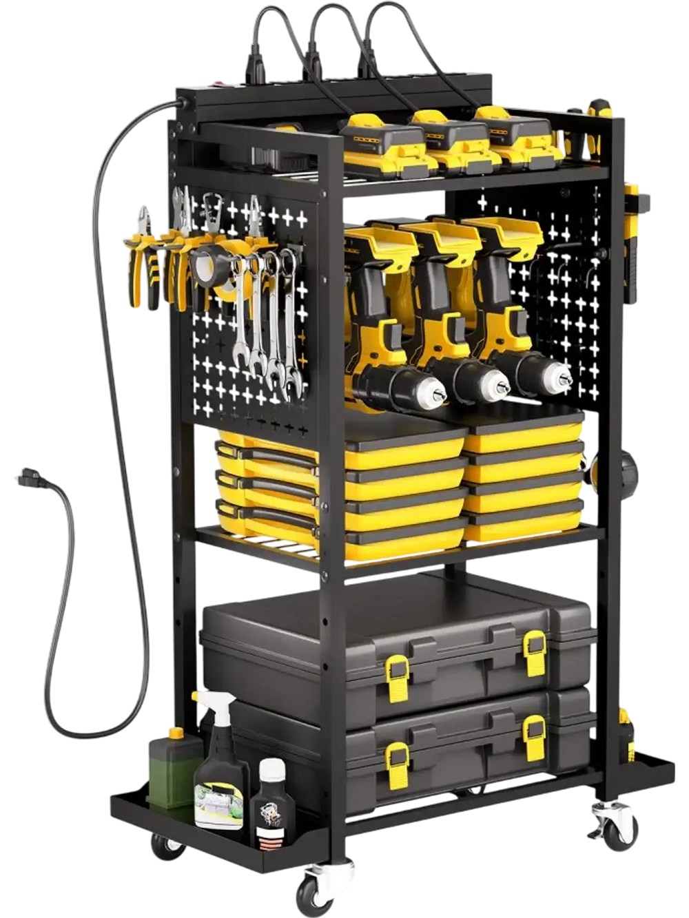 VEVOR 4-tier Tool Organizer Cart with Charging Station, 8 AC Outlet, Floor Stand Rolling Drill Holder and Tool Battery Storage Rack on Wheels, Garage Floor Rolling Storage Cart for Workshop, Garage