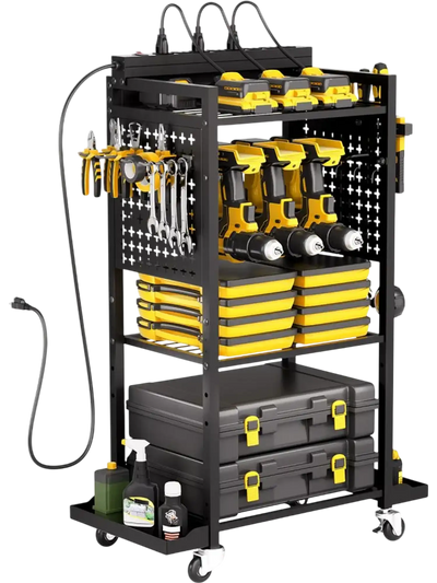 VEVOR 4-tier Tool Organizer Cart with Charging Station, 8 AC Outlet, Floor Stand Rolling Drill Holder and Tool Battery Storage Rack on Wheels, Garage Floor Rolling Storage Cart for Workshop, Garage