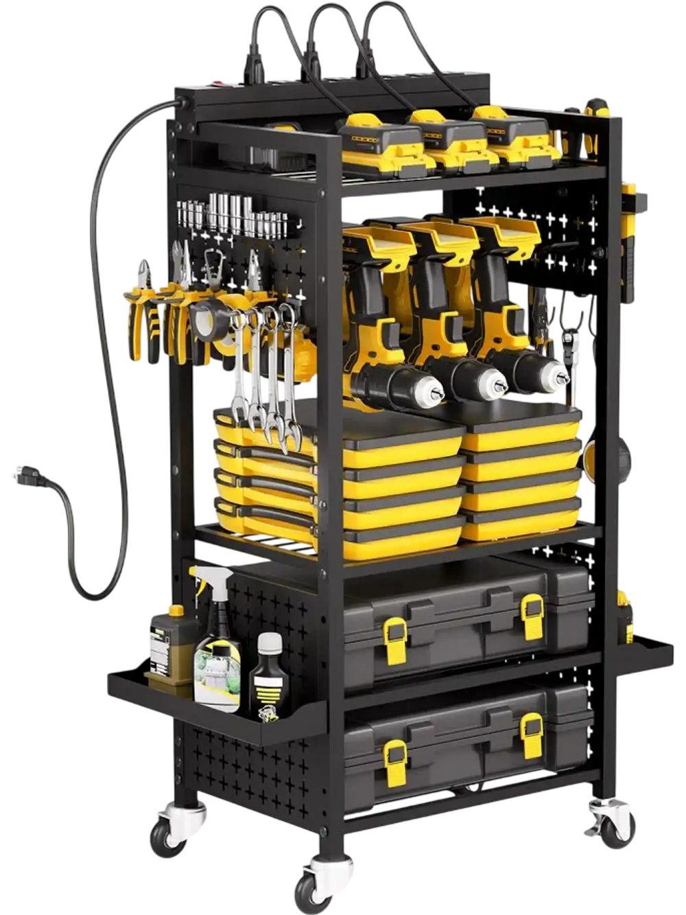 VEVOR 5-tier Tool Organizer Cart with Charging Station, 8 AC Outlet, Floor Stand Rolling Drill Holder and Tool Battery Storage Rack on Wheels, Garage Floor Rolling Storage Cart for Workshop, Garage