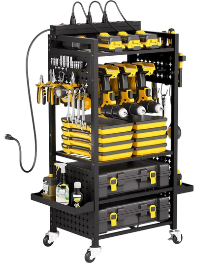 VEVOR 5-tier Tool Organizer Cart with Charging Station, 8 AC Outlet, Floor Stand Rolling Drill Holder and Tool Battery Storage Rack on Wheels, Garage Floor Rolling Storage Cart for Workshop, Garage