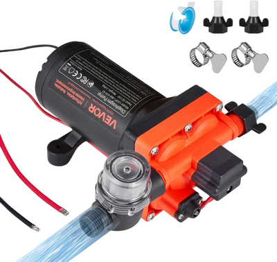 VEVOR RV Water Pump, 12V DC 6 GPM (22.7 L/min), 4-Chamber Self-Priming Diaphragm Water Pump with Automatic Pressure Switch, 70 PSI Max Pressure, On Demand for RV, Caravan, Marine, Yacht, Car Washing