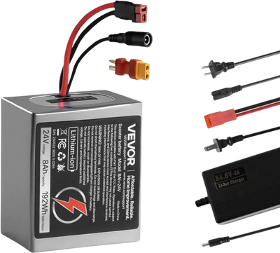 VEVOR 24V Electric Scooter Battery, 8Ah, Ebike Lithium Battery Pack with 30A BMS, Charger, T-Plug Expansion Cable, 500+ Cycles, Compatible with 1920W Motors, for Electric Bikes Bicycles, Scooters
