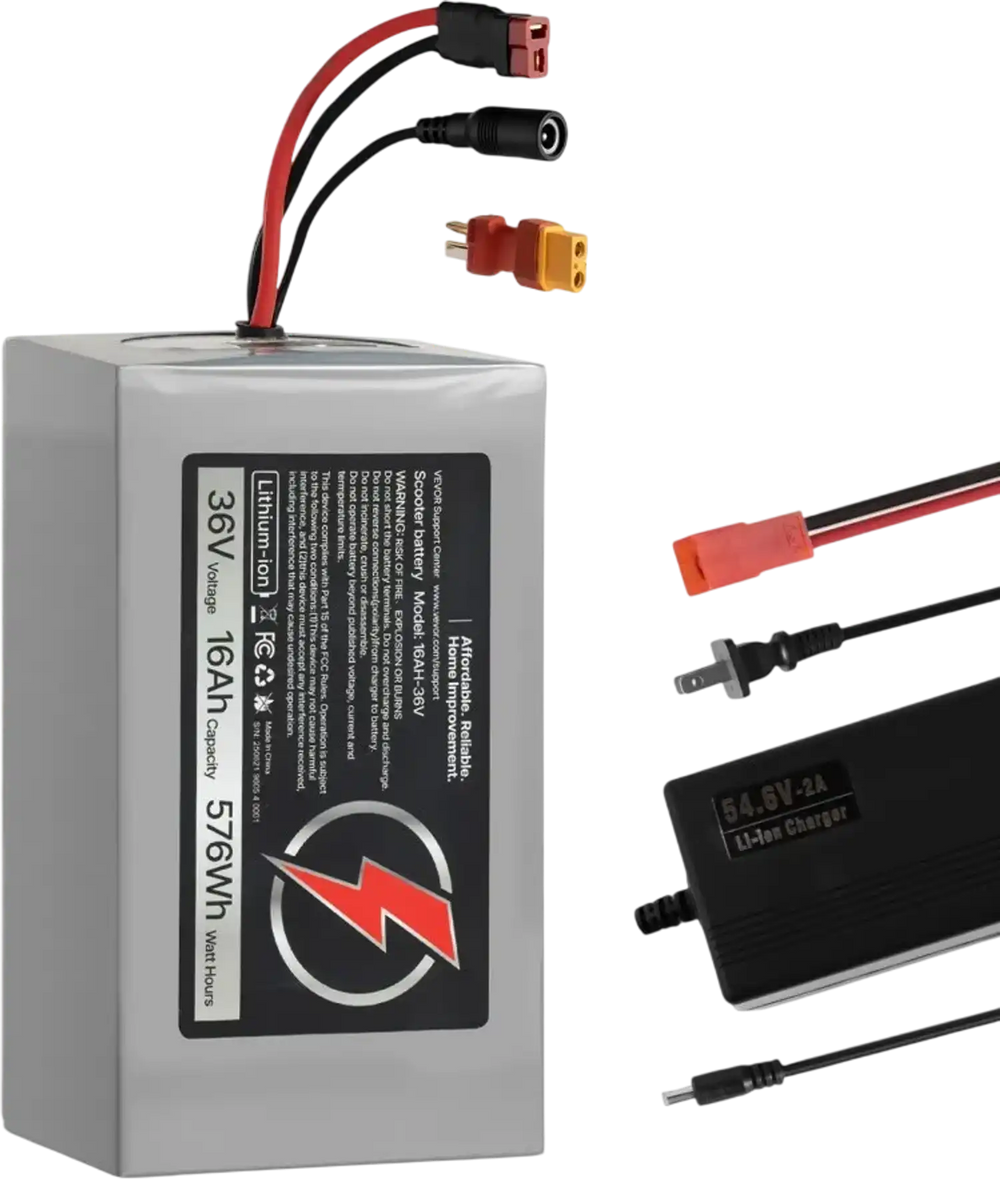 VEVOR 36V Electric Scooter Battery, 16Ah, Ebike Lithium Battery Pack with 30A BMS, Charger, T-Plug Expansion Cable, 500+ Cycles, Compatible with 2880W Motors, for Electric Bikes Bicycles, Scooters