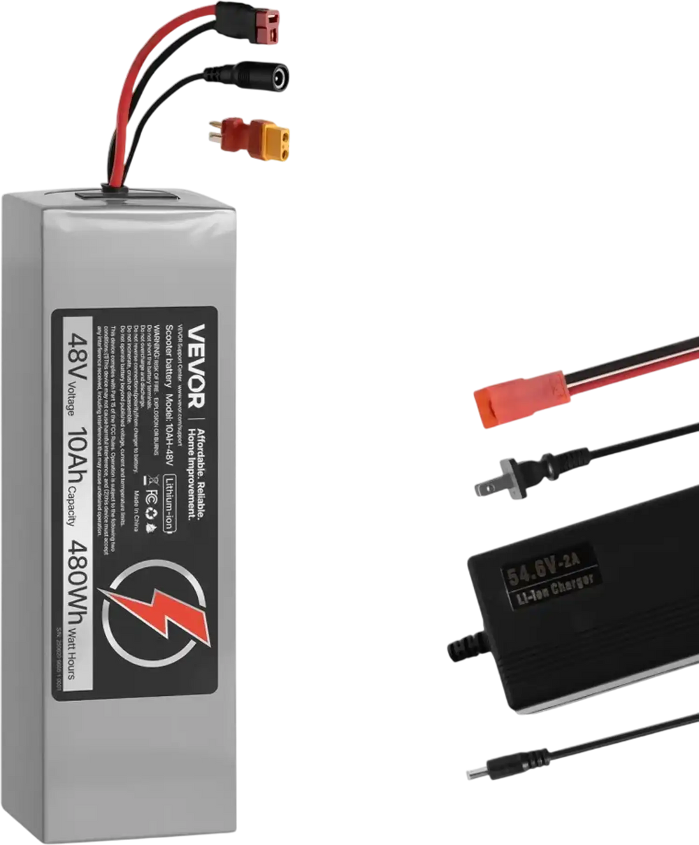 VEVOR 48V Electric Scooter Battery, 10Ah, Ebike Lithium Battery Pack with 30A BMS, Charger, T-Plug Expansion Cable, 500+ Cycles, Compatible with 2400W Motors, for Electric Bikes Bicycles, Scooters