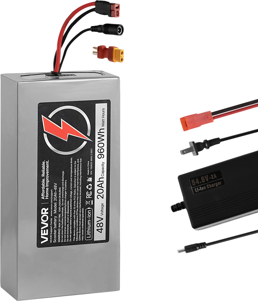 VEVOR 48V Electric Scooter Battery, 20Ah, Ebike Lithium Battery Pack with 30A BMS, Charger, T-Plug Expansion Cable, 500+ Cycles, Compatible with 4800W Motors, for Electric Bikes Bicycles, Scooters