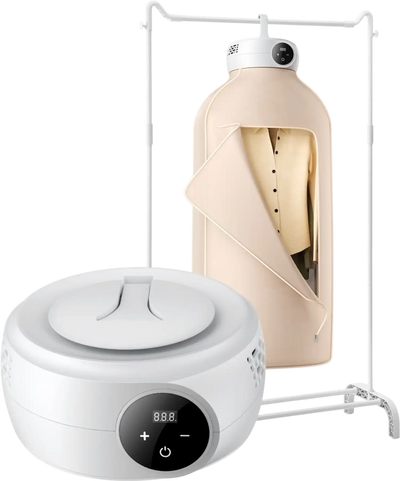 VEVOR Portable Clothes Dryer, Clothes Dryer with Dryer Bag, PTC Heating & LED Display, Foldable Mini Dryer with 5-H Timer for Apartments, Dorms, RVs, or Hotels, 600W, Beige