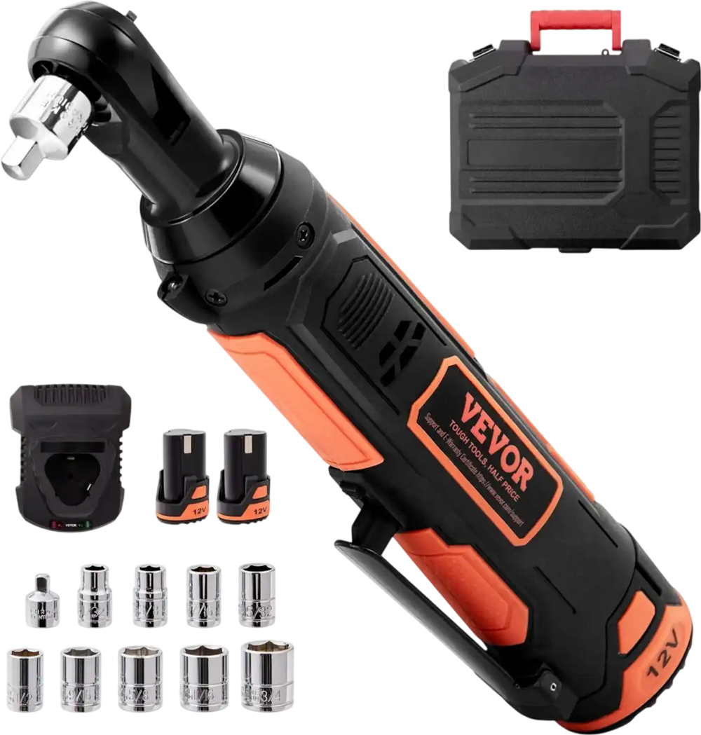 VEVOR 3/8" Cordless Electric Ratchet Wrench Set, 12V 33 Ft-lbs Power Ratchet Tool Kit, 45-Min Fast Charge, 2-Pack 2.0Ah Battery, Built-in LED Light, Variable Speed Trigger, 10 Sockets