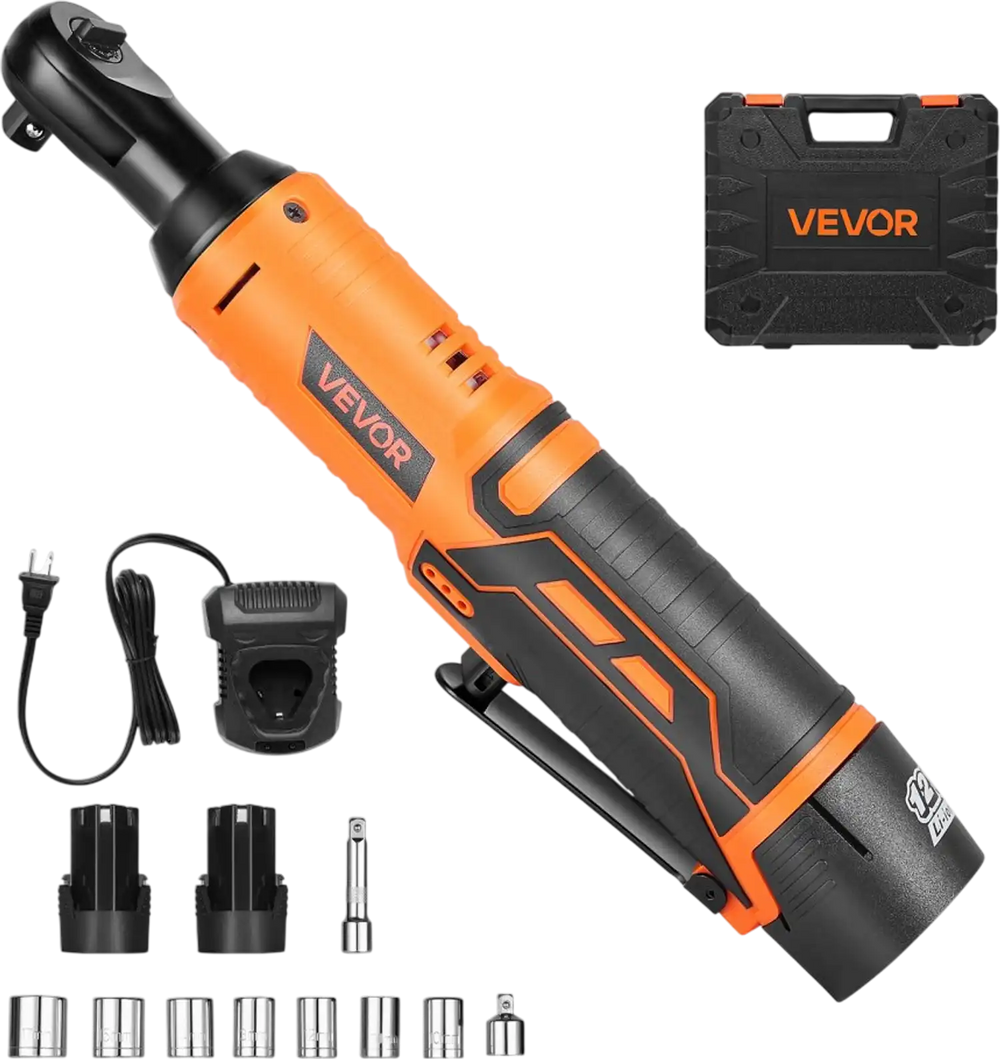 VEVOR Cordless Ratchet Wrench, 3/8 inch Drive, 240 RPM, up to 33 ft-lbs of Torque, Battery Powered Electric Ratchet Wrench Set with Two 2.0Ah Batteries, Charger, Sockets, Adaptor and Extension Bar