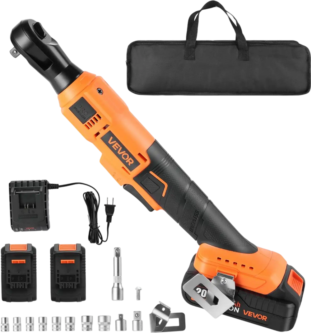 VEVOR Cordless Ratchet Wrench, 3/8 inch Drive, 230 RPM, up to 88 ft-lbs of Torque, Battery Powered Electric Ratchet Wrench Set with Two 2.0Ah Batteries, Charger, Sockets, Adaptors and Cloth Bag