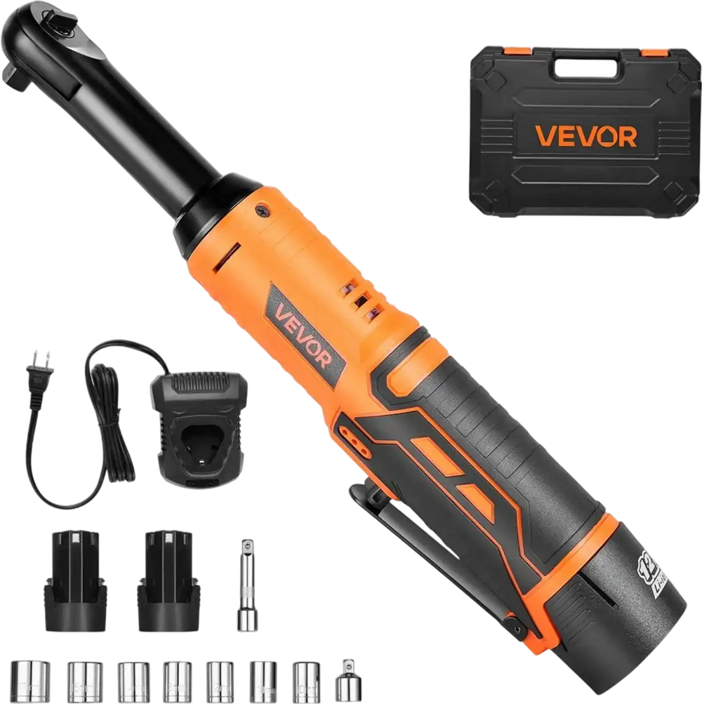 VEVOR Cordless Ratchet Wrench, 3/8 inch Drive, 240 RPM, up to 33 ft-lbs of Torque, Extended Battery Powered Electric Ratchet Wrench Set with Two Batteries, Charger, Sockets, Adaptor and Extension Bar