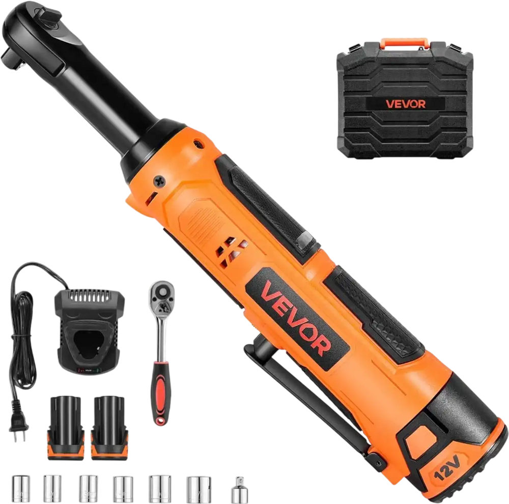 VEVOR Cordless Ratchet Wrench, 3/8 inch Drive, 230 RPM, up to 33 ft-lbs of Torque, Battery Powered Electric Ratchet Wrench Set with Two 2.0Ah Batteries, Charger, Sockets, Adaptor and Carrying Case