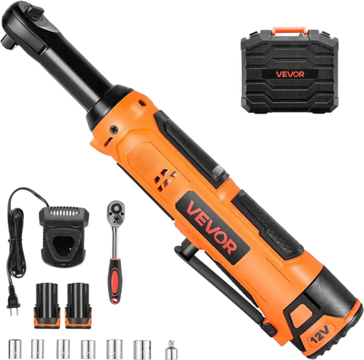 VEVOR Cordless Ratchet Wrench, 3/8 inch Drive, 230 RPM, up to 33 ft-lbs of Torque, Battery Powered Electric Ratchet Wrench Set with Two 2.0Ah Batteries, Charger, Sockets, Adaptor and Carrying Case