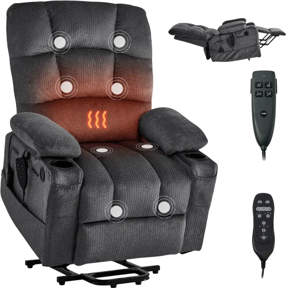 VEVOR Power Lift Recliner Chair, Dual Motor, Large Electric Lift Chair with Heat and Massage for Elderly, Infinite Position Adjustment, Velvet Fabric, with Storage Pockets, Cup Holders, Dark Gray