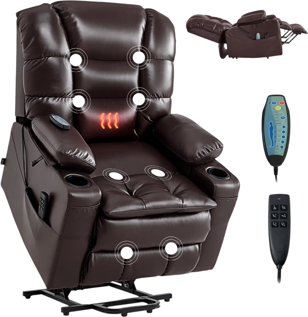 VEVOR Power Lift Recliner Chair, Triple-Motor, Large Electric Lift Chair with Heat and Massage for Elderly, Infinite Position Adjustment, Leather Surface, with Storage Pockets and Cup Holders, Brown