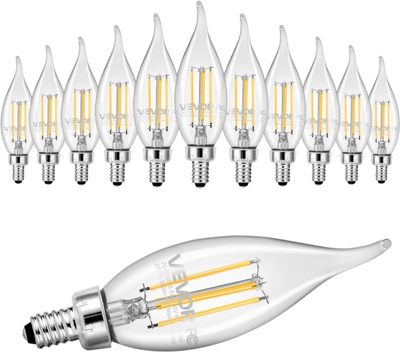 VEVOR LED Candelabra Bulbs, 12-Pack Dimmable Chandelier Light Bulbs, Vintage Flame Tip Candle Light Bulb with 2725K Warm Lighting, 90+ High CRI & E12 Base for Chandeliers, Wall Sconces & Table Lamps