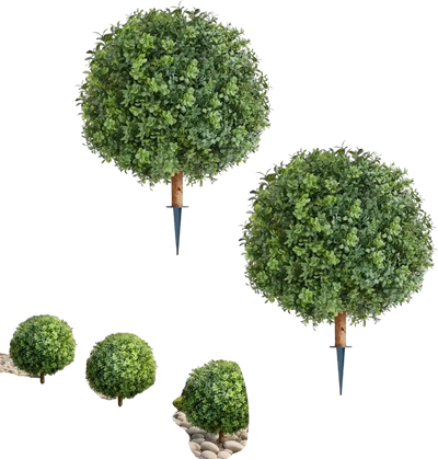 VEVOR Artificial Topiary Boxwood Trees with Ground Spike, 22 inch 2 Set Faux Shrubs & Bushes Potted Plants, Fake Silk Tree Look Real for Decor Front Porch Outdoor Indoor Patio Garden Balcony Backyard